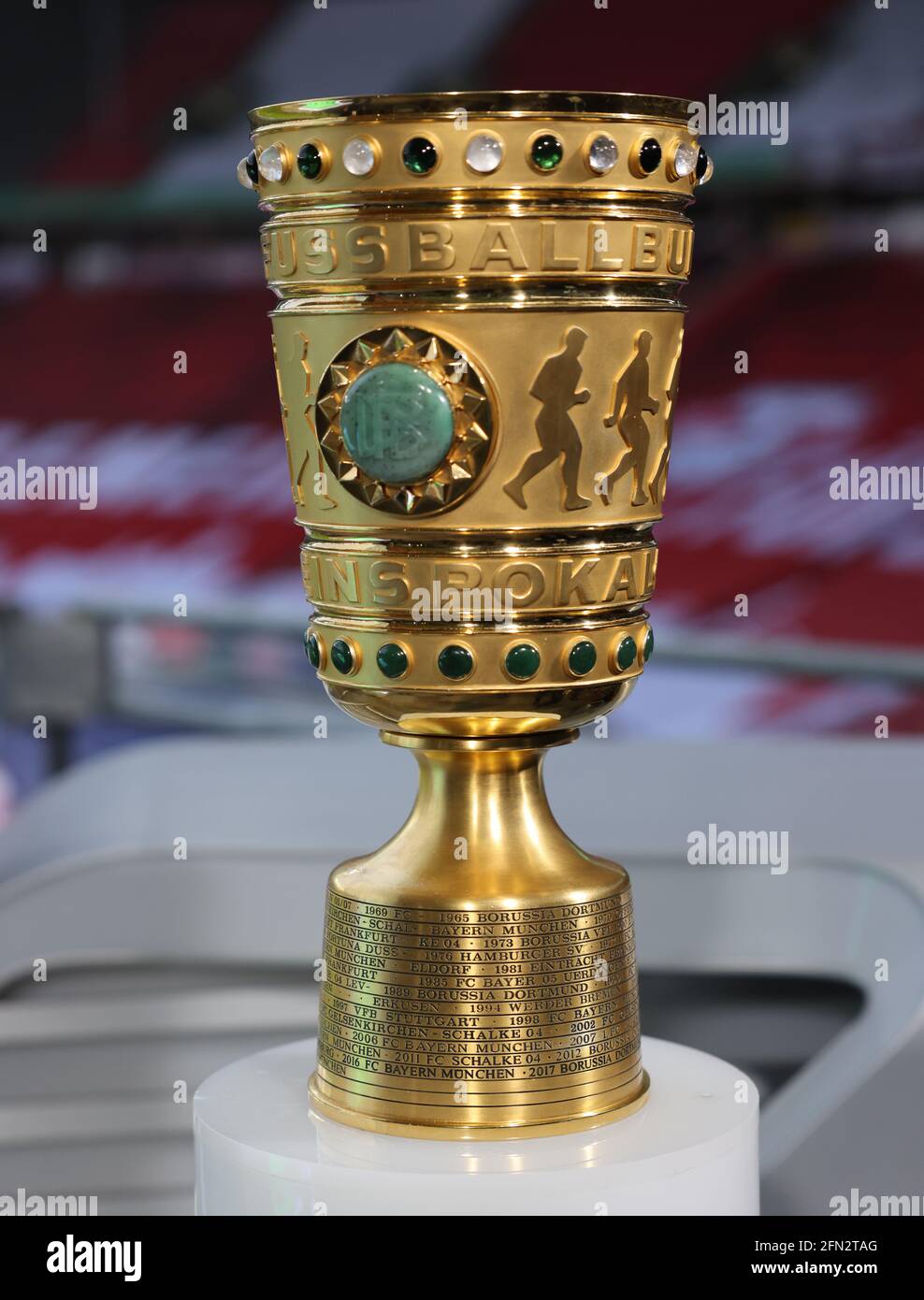 Berlin, Germany. 13th May, 2021. Football: DFB Cup, RB Leipzig - Borussia  Dortmund, final at the Olympiastadion. The DFB Cup is on a stand before the  match. IMPORTANT NOTE: In accordance with