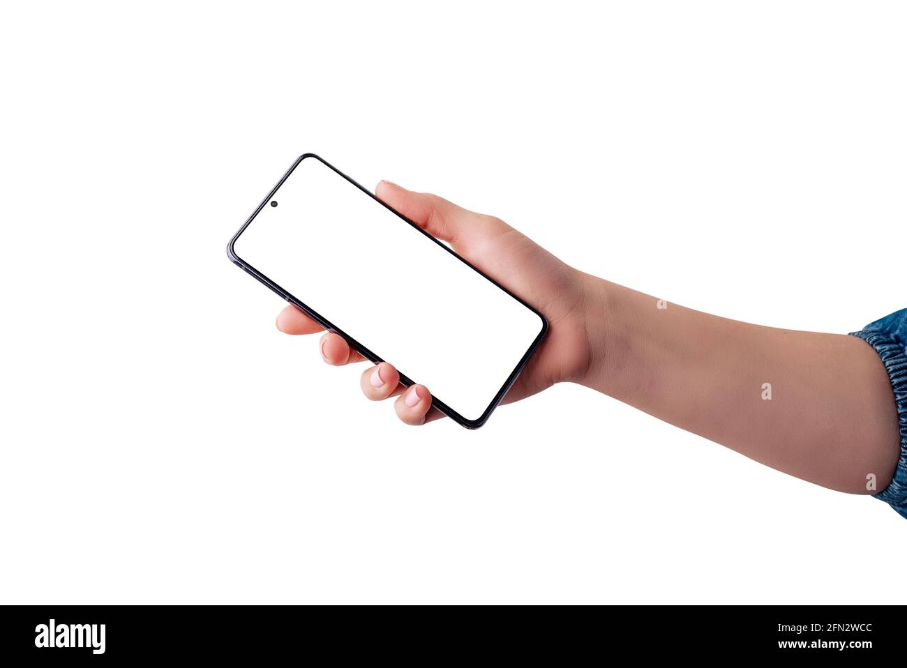 Softly retouched hand shows a smart phone with an isolated screen and background. Modern phone with built-in screen camera Stock Photo
