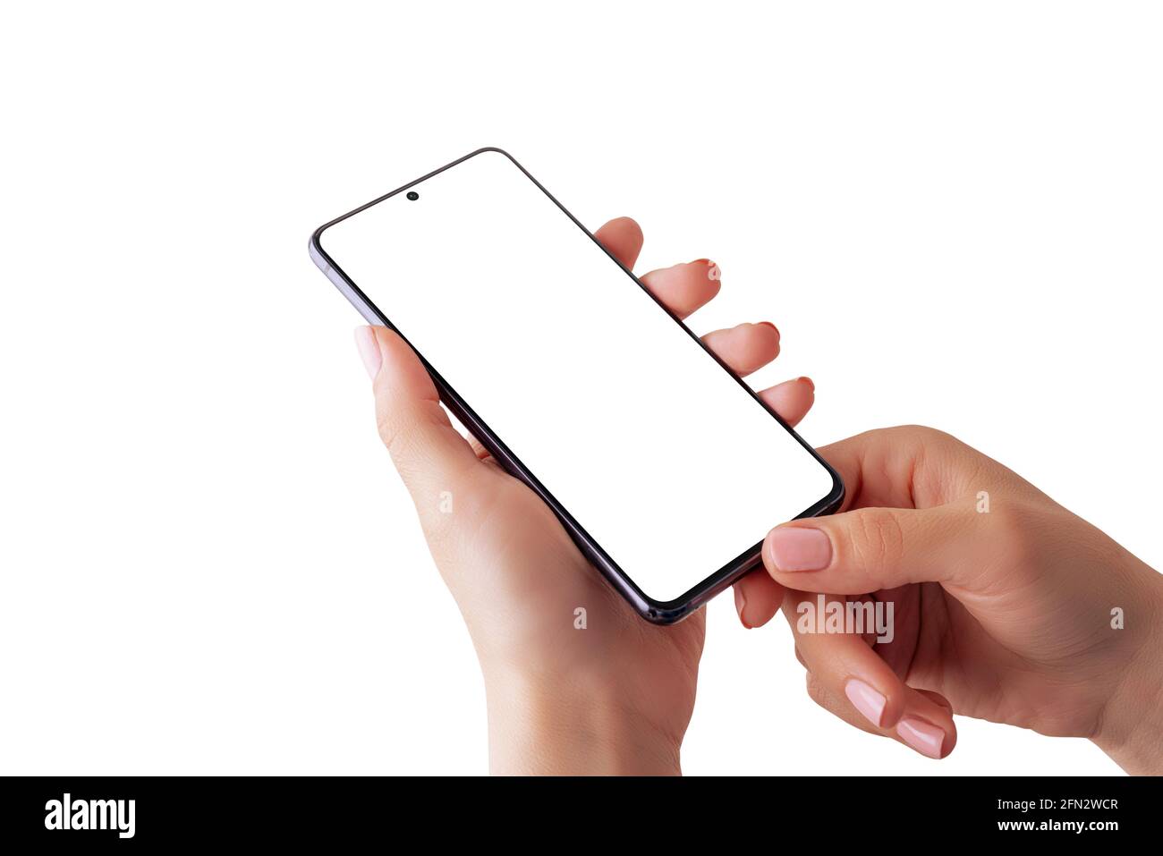 Phone mockup in woman hands close-up. Isolated hands and phone screen Stock Photo