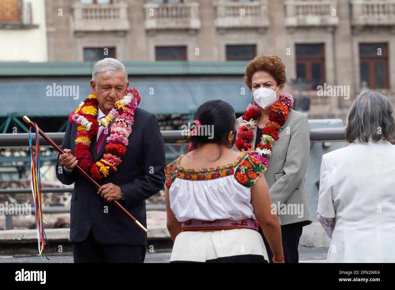 Mexico City, Mexico. 13th May, 2021. MEXICO CITY, MEXICO - MAY 13: Mexico's President, Andres Manuel Lopez Obrador, accompanied by the former president of Brazil, Dilma Rousseff, during the ceremony 'Mexico - Tenochtitlan, more than seven centuries of history' at the Museo del Templo Mayor on May 13, 2021 in Mexico City, Mexico. (Photo by Eyepix/Sipa USA) Credit: Sipa USA/Alamy Live News Stock Photo