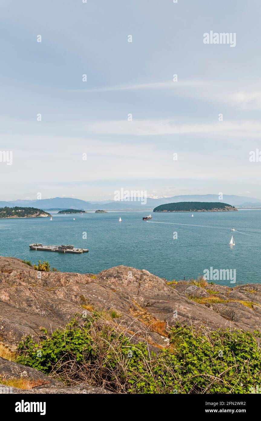 View Of A Ship Near Hat Island Near The Port Of Anacortes From Cap Sante Park In Anacortes Washington Stock Photo Alamy