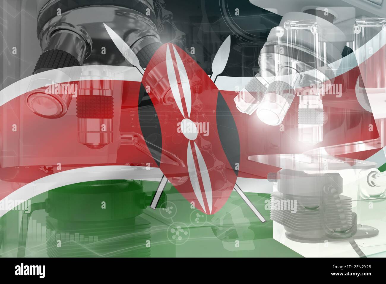 Kenya science development conceptual background microscope on flag