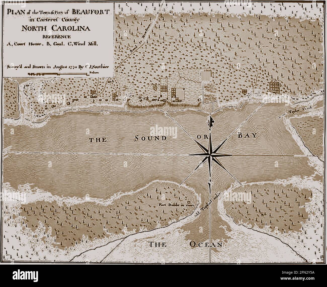 1770 An early plan or map of Beaufort,  Carteret County, North Carolina, USA as it was in its early days showing location of the court house, gaol and windmill as well as building plots. A notable historic fact is that  in June 1718 Blackbeard the pirate ran his flagship, the Queen Anne's Revenge and his sloop Adventure aground close to the  present-day Beaufort Inlet Stock Photo