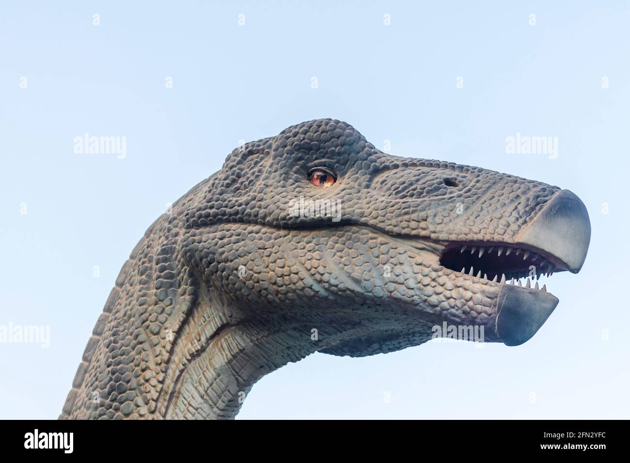 Head of a dinosaur replica. Stock Photo