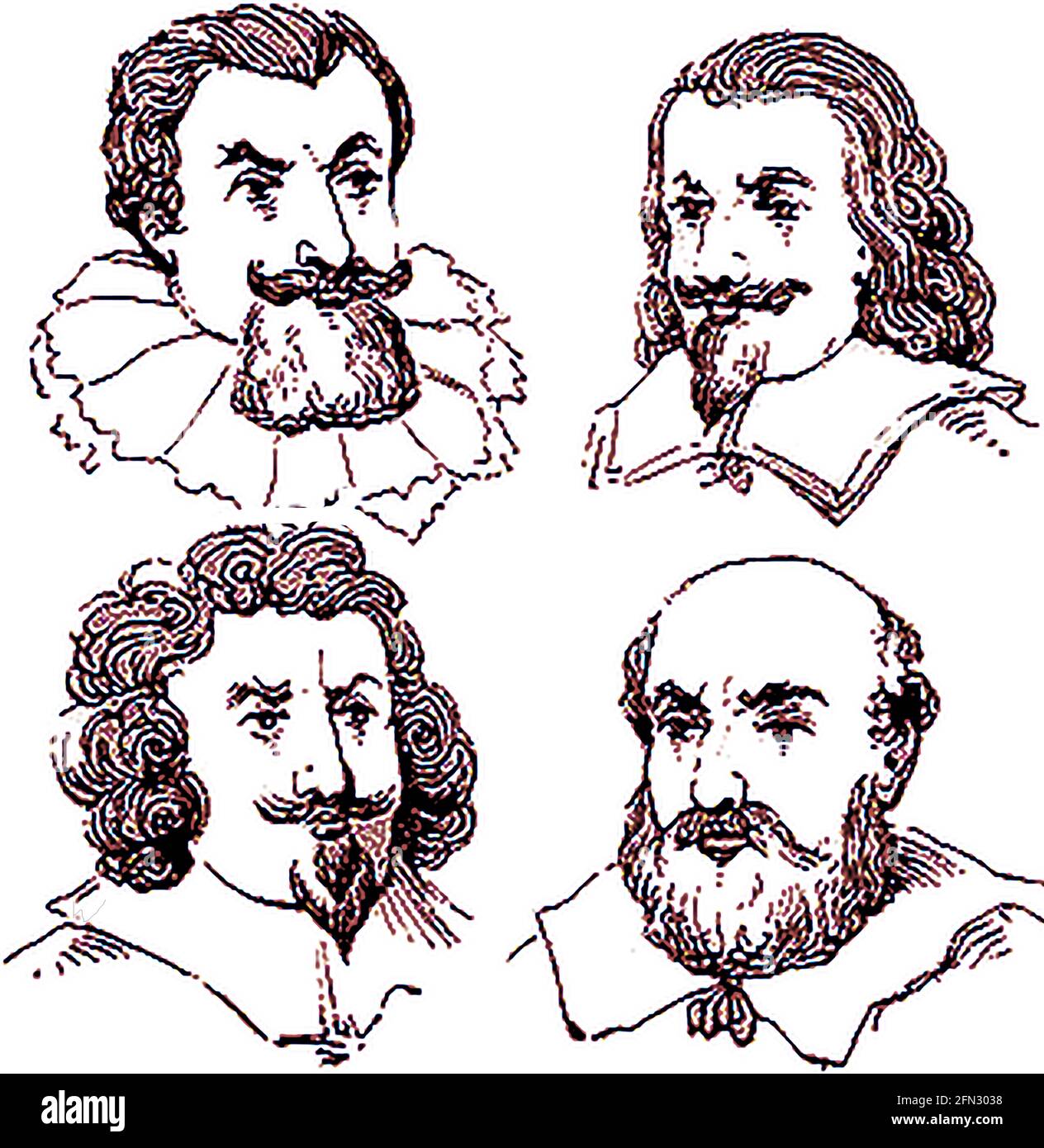 Styles of beard common in the 16th century.   -------In the 15th century, most European men were clean-shaken b ut by the 16th-century   beards were quite common and varied in style. Stock Photo