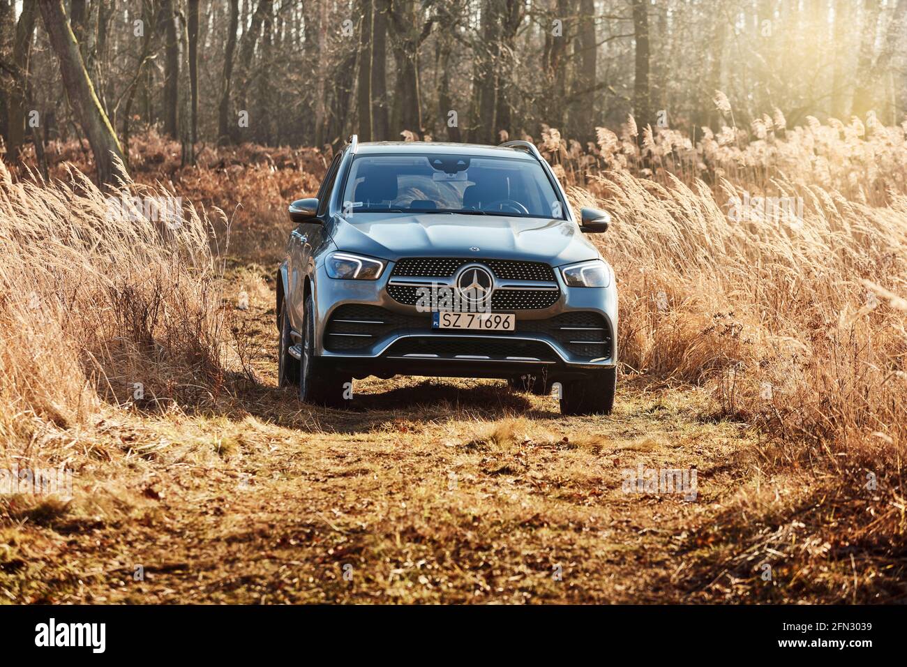 Orzesze/Poland - 01.12.2020: Luxury Mercedes GLE with 4x4 drive on the off-road. V6 engine, 367 hp.The car is on the road in front of the viewer. Ther Stock Photo