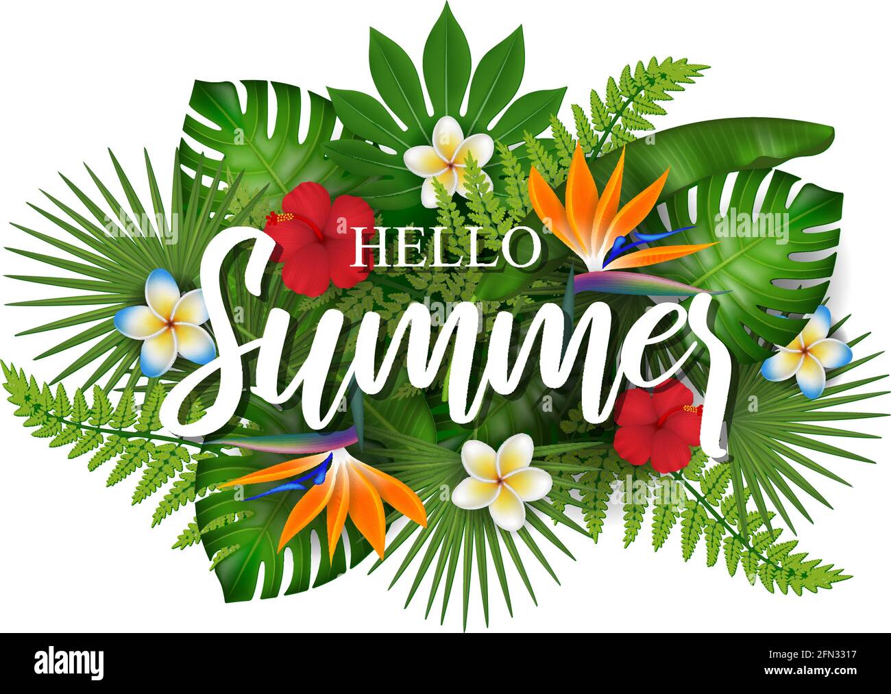 Hello summer background with tropical flowers and leaves Stock Vector