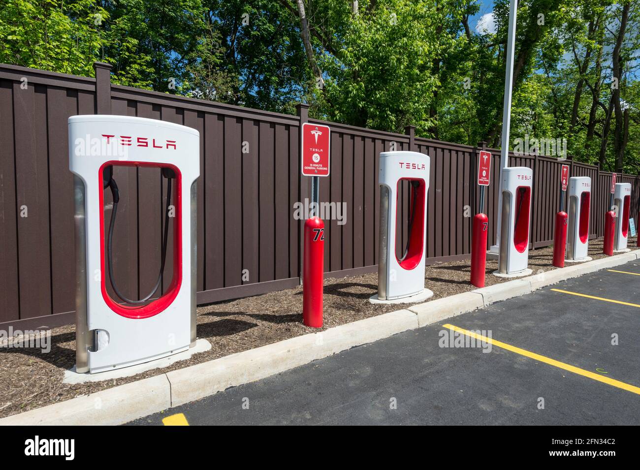 Outdoor Tesla charging stations Stock Photo
