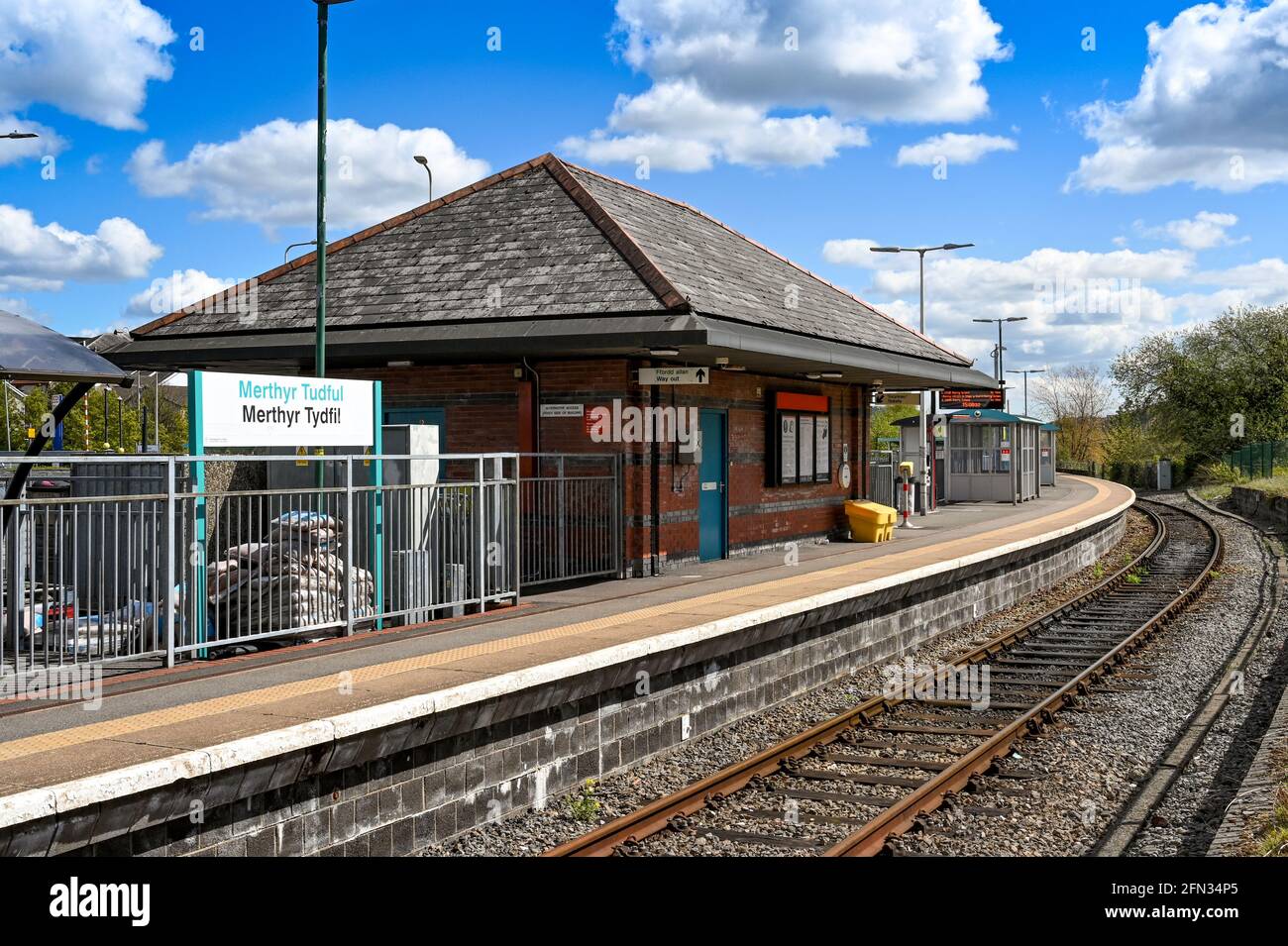 Merthyr Tydfil,  Wales - May 2021: Merthyr Tydfil railway station in South Wales. It is the terminus of the line which links the valleys with Cardiff. Stock Photo