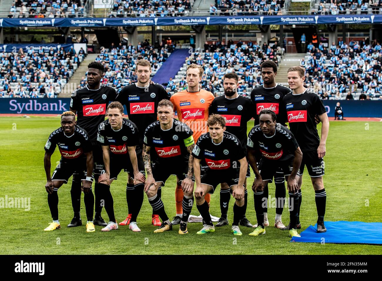 Aarhus, Denmark. 13th May, 2021. The players of Soenderjyske team up for a group picture before the Danish Sydbank Cup final between Randers FC and Soenderjyske at Ceres Park in Aarhus. (Photo Credit: Gonzales Photo/Alamy Live News Stock Photo