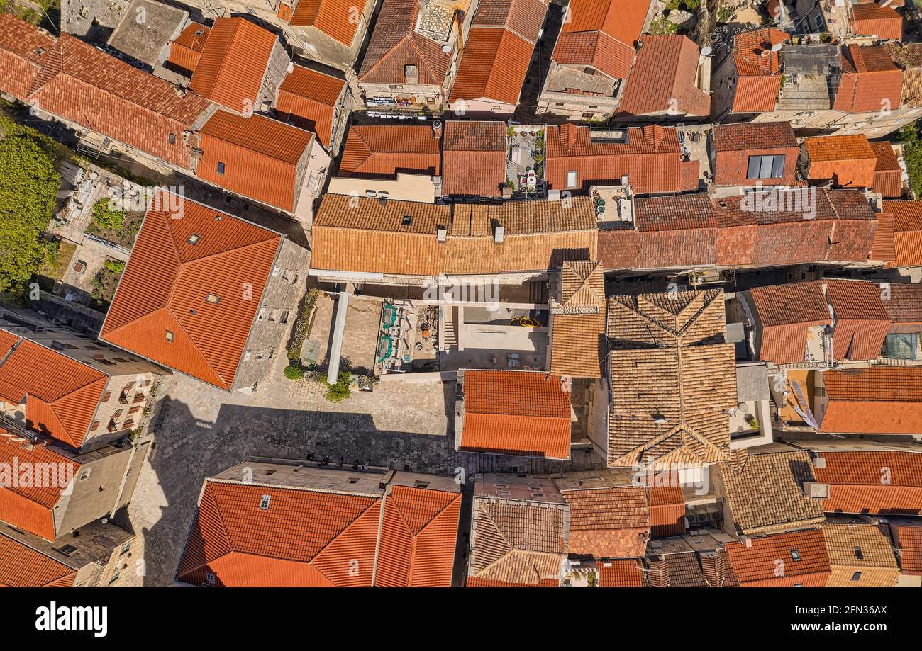 Aerial shot of the Old medieval town as Korcula center Stock Photo