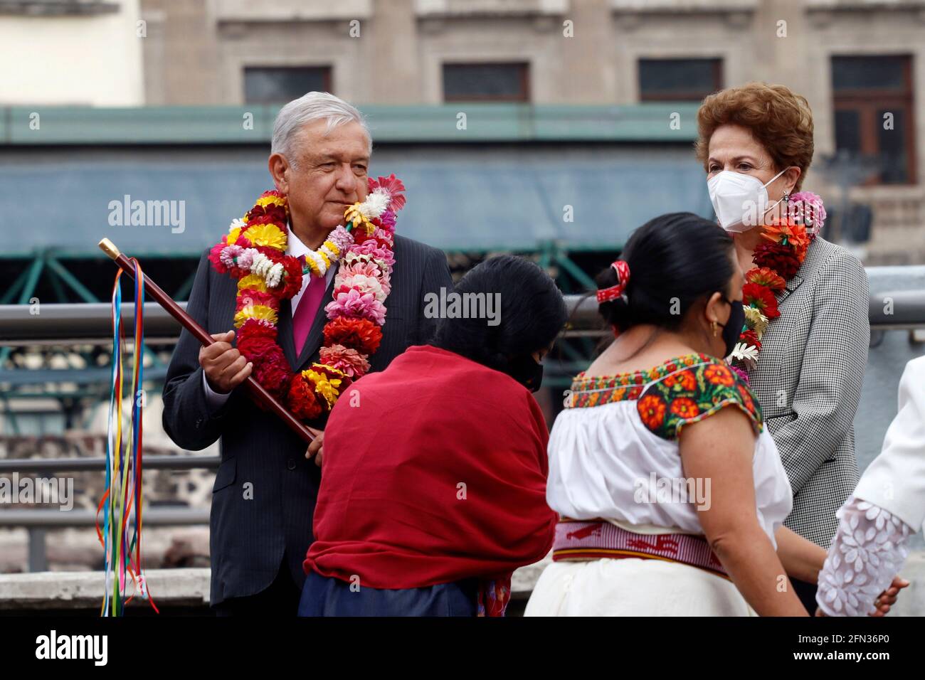 Mexico City, Mexico. 13th May, 2021. MEXICO CITY, MEXICO - MAY 13: Mexico's President, Andres Manuel Lopez Obrador, accompanied by the former president of Brazil, Dilma Rousseff, during ceremony for the 700 years of the founding of Tenochtitlan at the Museo del Templo Mayor on May 13, 2021 in Mexico City, Mexico. (Photo by Eyepix/Sipa USA) Credit: Sipa USA/Alamy Live News Stock Photo