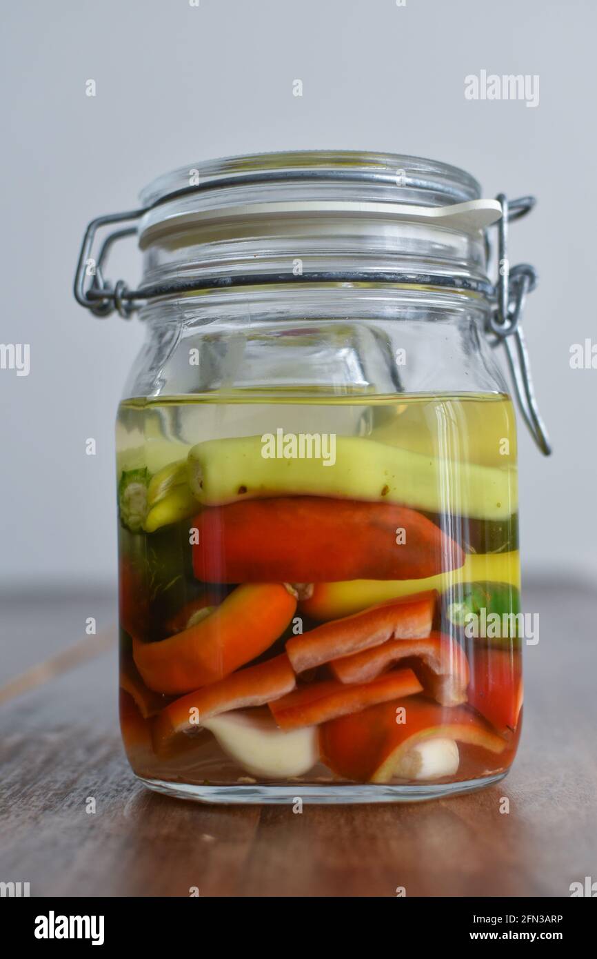 different kind of chili peppers, bell pepper etc. ready to ferment in a
