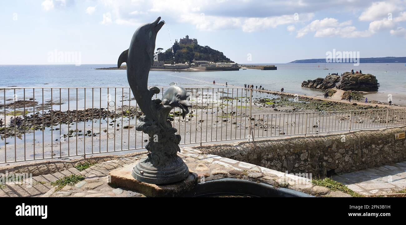 Dolphin Fountain, St Michaels Mount, Penzance, Cornwall, United Kingdom. 12.10,2021 St Michael's Mount is a tidal island in Mount's Bay, Cornwall, Uni Stock Photo