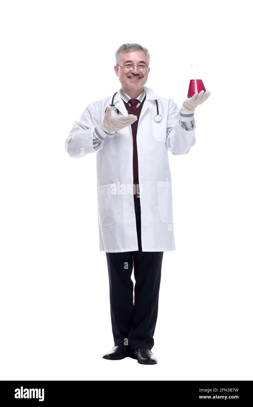 doctor in protective gloves pointing to the liquid in the flask. Stock Photo