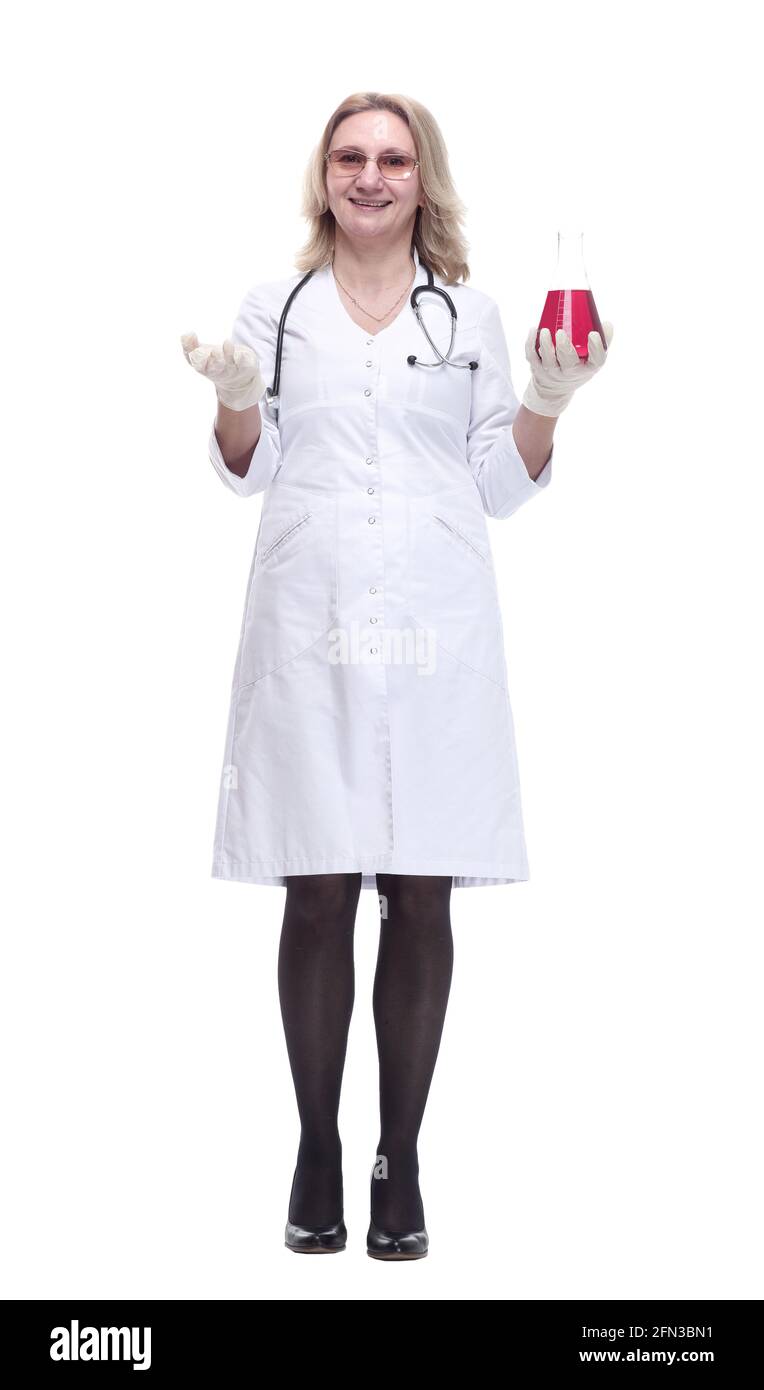 medical woman looking at the liquid in a laboratory flask Stock Photo ...