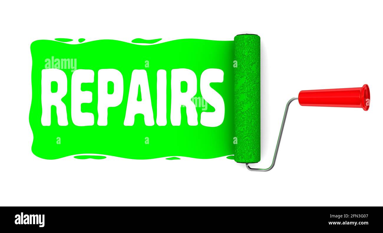 Repairs. Paint roller paints by green color with the word REPAIRS on a white surface. Isolated. 3D illustration Stock Photo