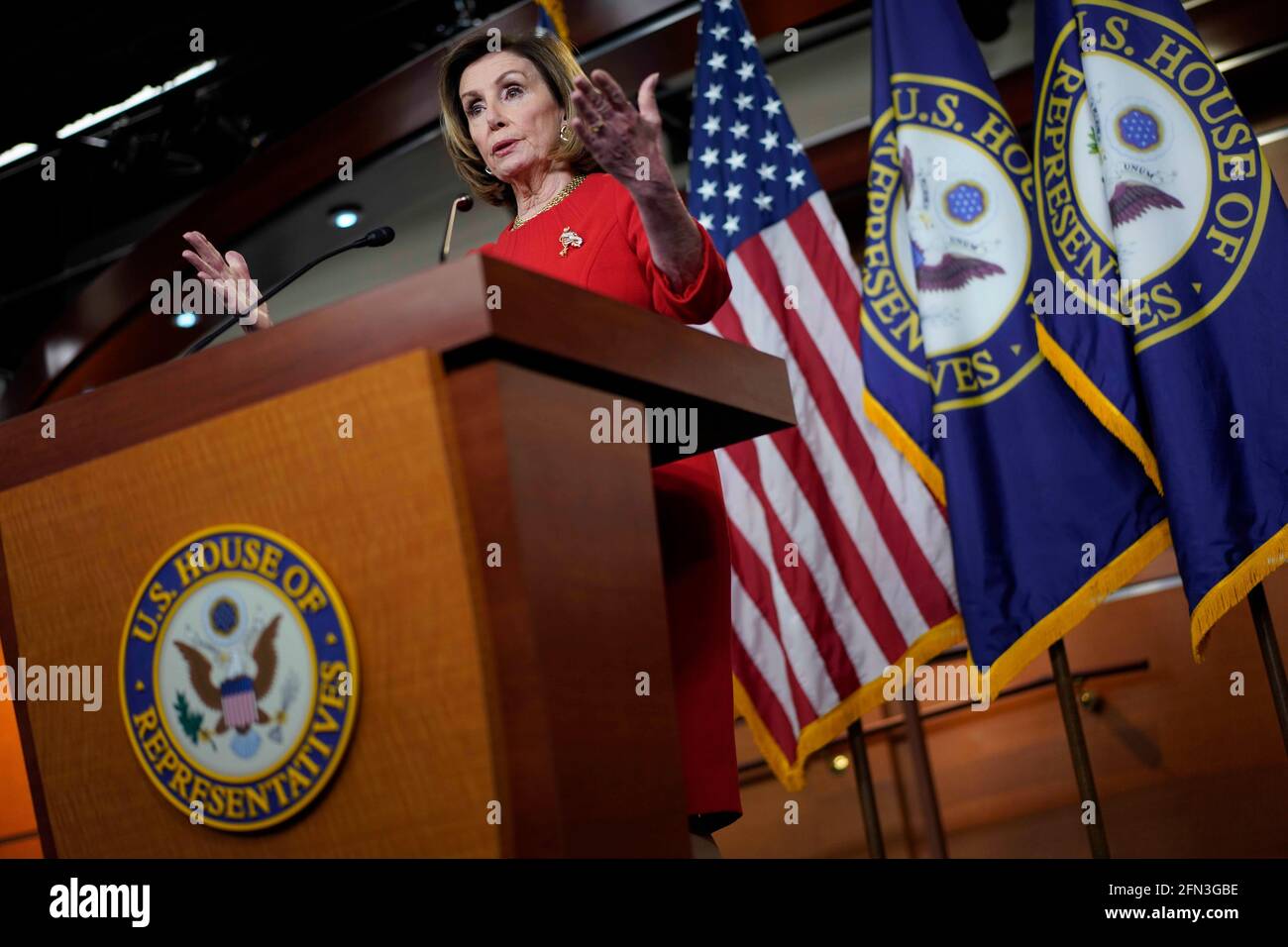 Washington, USA. 13th May, 2021. U.S. House Speaker Nancy Pelosi speaks during her weekly press conference on Capitol Hill in Washington, DC, the United States, on May 13, 2021. Credit: Ting Shen/Xinhua/Alamy Live News Stock Photo
