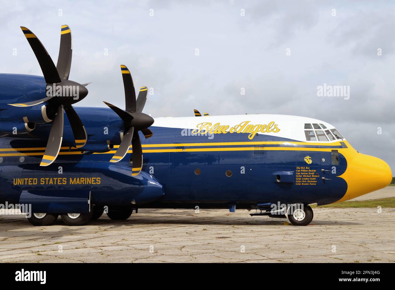 Melbourne, Brevard County Florida. USA May 13, 2021. The Great Florida Air Show Blue Angels aircraft arrive for this weekend's show. Ahead of the team's arrival “Fat Albert” the teams refurbished C-130 transport landed with the maintenance and support crew. Under cloudy skies the team arrived flying their new F/A-18 Super Hornets. Photo Credit: Julian Leek/Alamy Live News Stock Photo