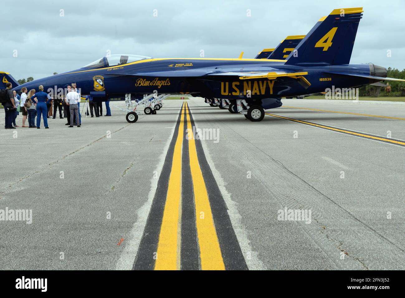 Melbourne, Brevard County Florida. USA May 13, 2021. The Great Florida Air Show Blue Angels aircraft arrive for this weekend's show. Ahead of the team's arrival “Fat Albert” the teams refurbished C-130 transport landed with the maintenance and support crew. Under cloudy skies the team arrived flying their new F/A-18 Super Hornets. Photo Credit: Julian Leek/Alamy Live News Stock Photo