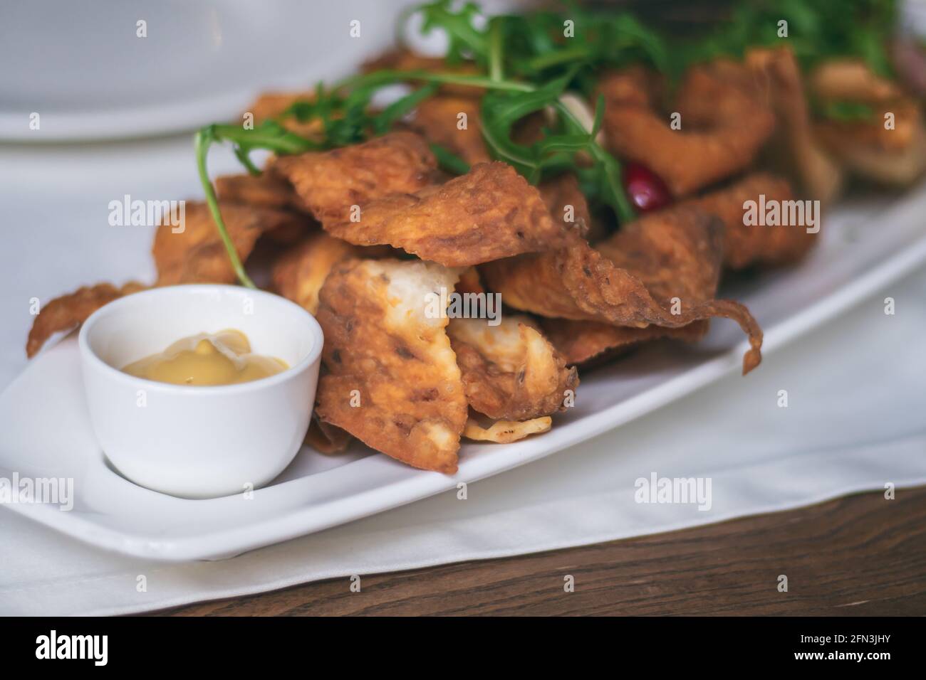 Long oval plate with variety of snacks: chips, nachos, bacon, lavash with cheese, arugula, squid rings or breaded onions Stock Photo