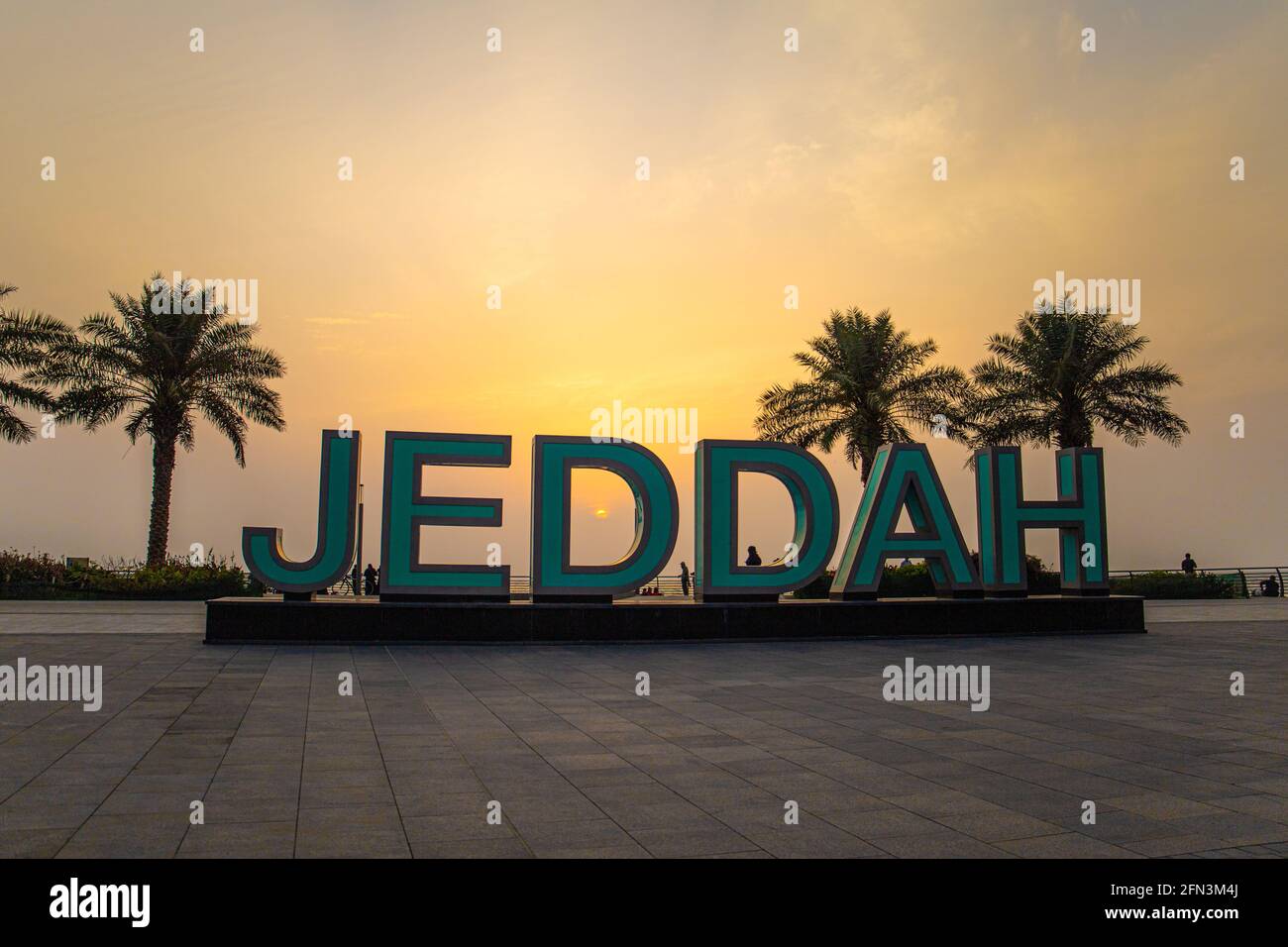 Jeddah, Saudi Arabia - April 30, 2021: Jeddah sign at new beech, Waterfront Stock Photo