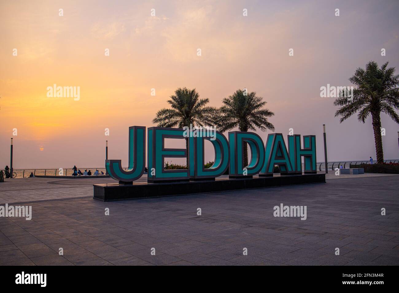 Jeddah, Saudi Arabia - April 30, 2021: Jeddah sign at new beech, Waterfront Stock Photo