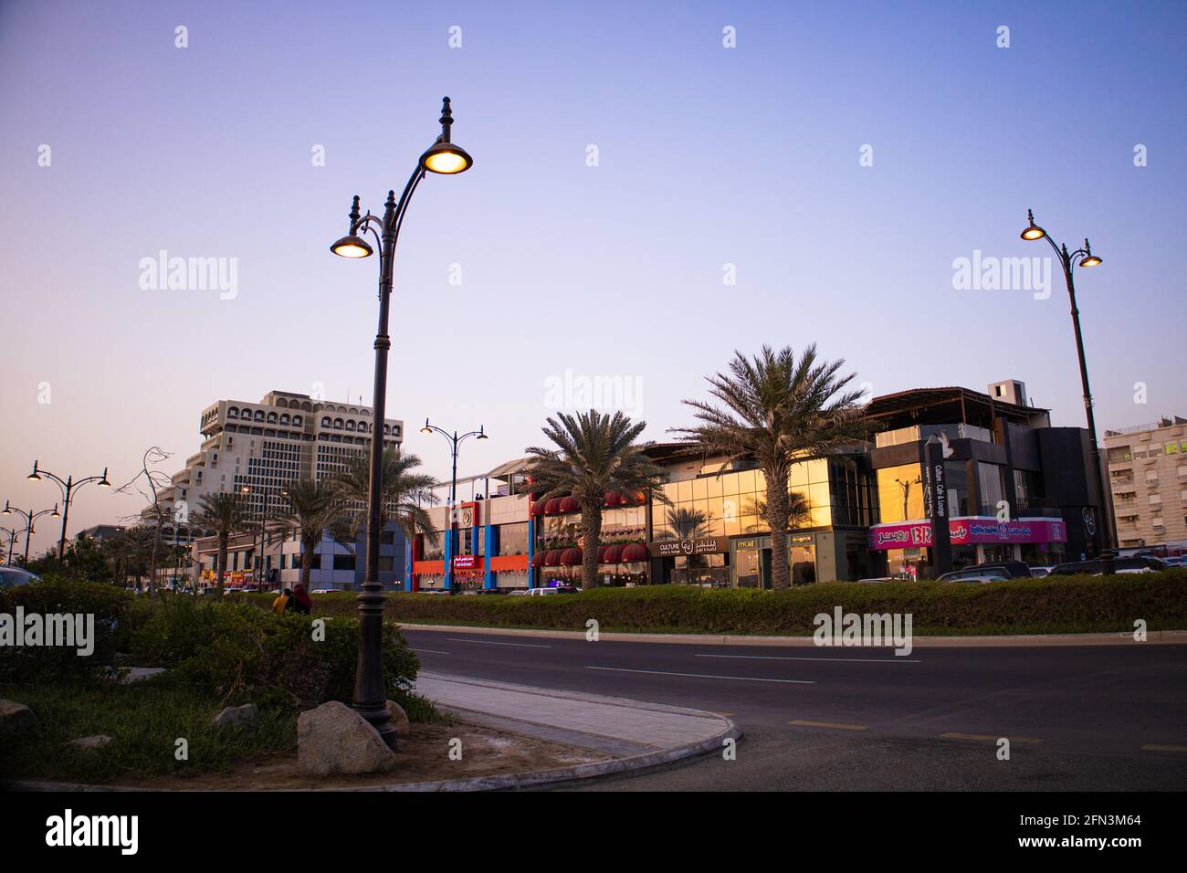 Jeddah, Saudi Arabia – Abril 23, 2021 - beautiful view of Corniche street at Sunset Stock Photo