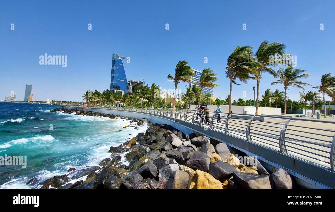 Jeddah, Saudi Arabia - April 23, 2021: Beautiful view of Jeddah beach -  Red Sea corniche Stock Photo