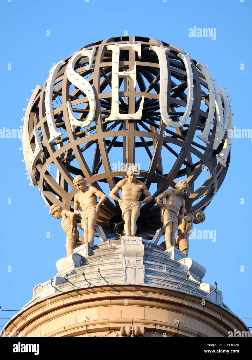 The globe at the top of the London Coliseum theatre, a Grade II listed building in St. Martin's Lane and home to the English National Opera (ENO) Stock Photo