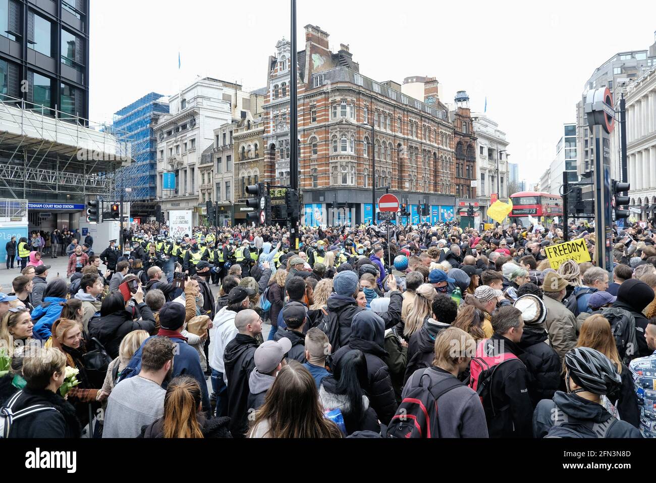 Anti-lockdown protesters converge on Tottenham Court road as numbers swelled to thousands. Protesters called for the end of lockdowns. Stock Photo