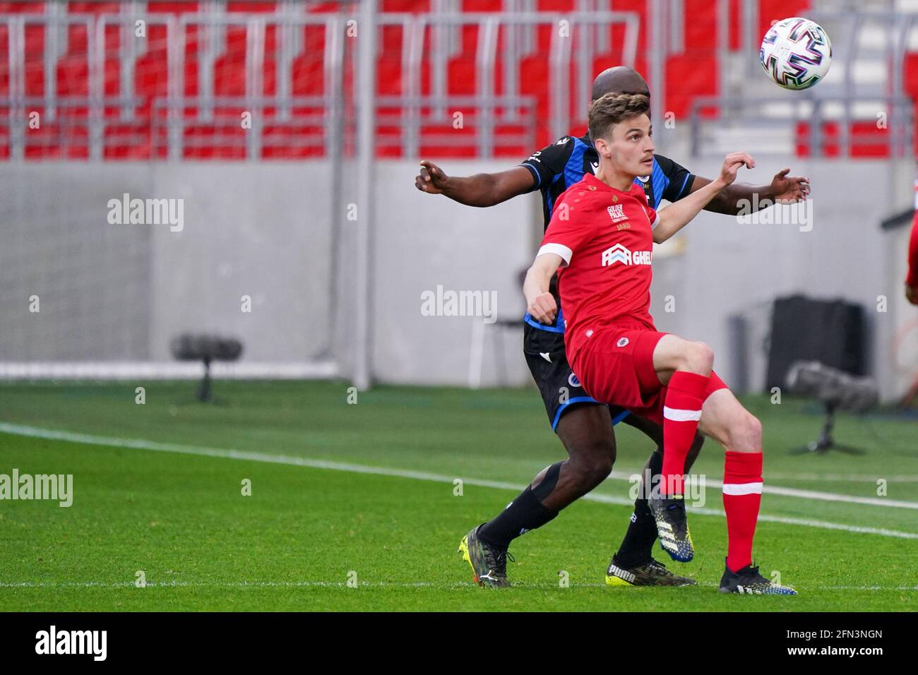 ANTWERP, BELGIUM - MAY 13: Eder Balanta of Club Brugge battles for posession with Pieter Gerkens of Royal Antwerp during the Jupiler Pro League match Stock Photo