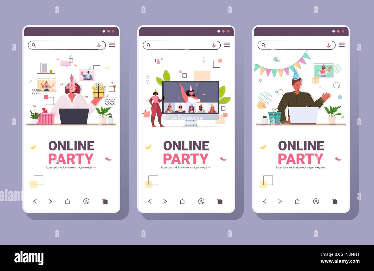 set people festive hats celebrating online birthday party mix race men women in smartphone screen having fun Stock Vector