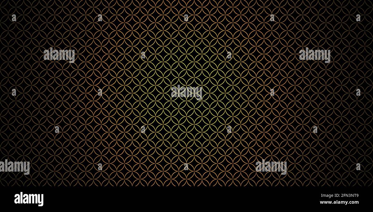Golden art circle lines seamless patterns. Luxury decorative ornaments with glowing light and dark background. Stock Vector