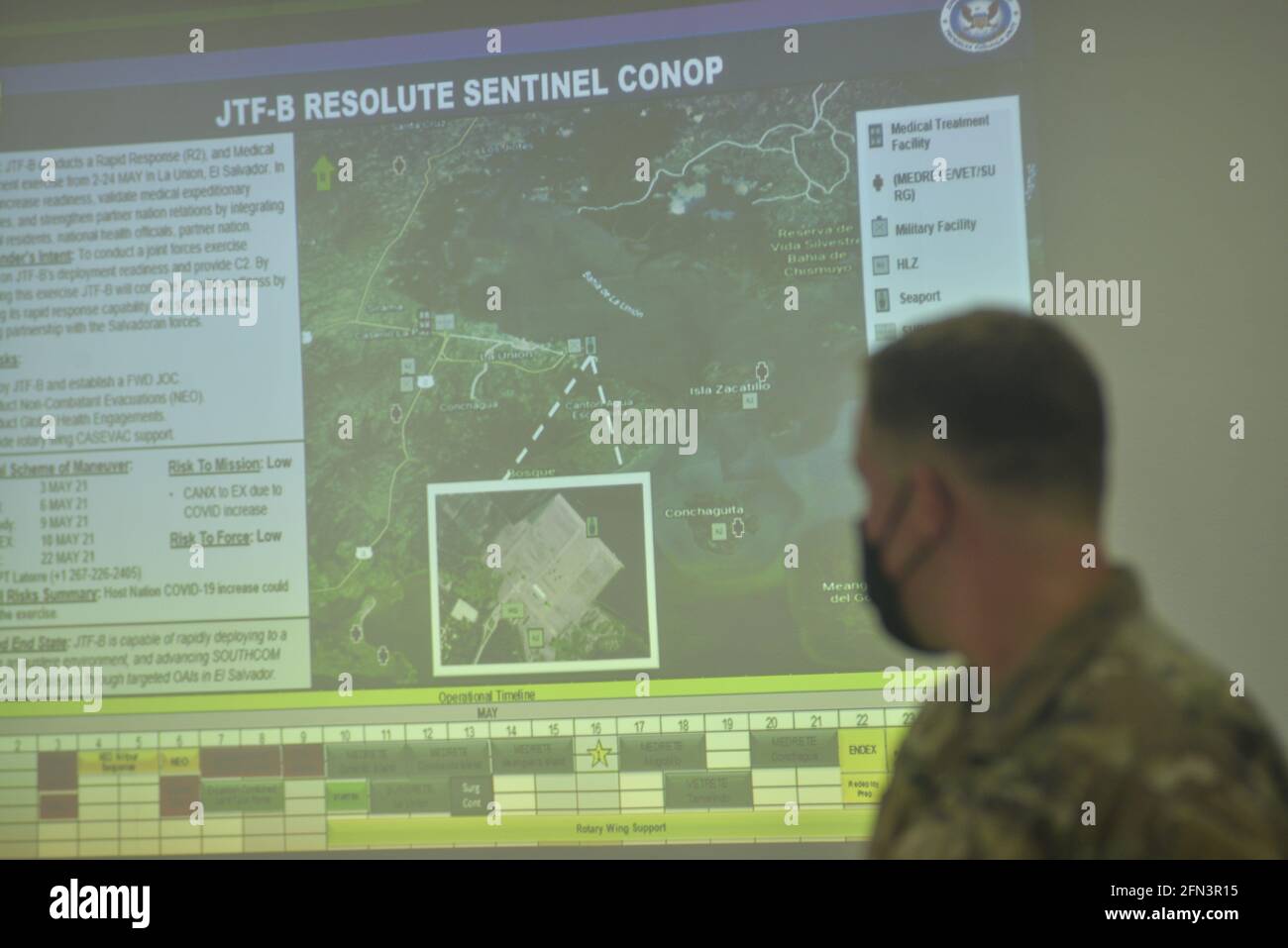 May 12, 2021, La Union, El Salvador: View of a map visualizing a mission at the Joint Task Force-Bravo base.The United States Southern Command Joint Task Force-Bravo performed conjoined operations in El Salvador, Guatemala and Honduras where it provided medical aid to local hospitals and communities. In the town of La Union some 60 US military members were deployed to aid a hospital and small islands that lacked medical attention. During hurricane ETA and IOTA Joint Task Force-BRAVO rescued 810 civilians, and delivered 349,500 pounds of aid. (Credit Image: © Camilo Freedman/SOPA Images via ZU Stock Photo