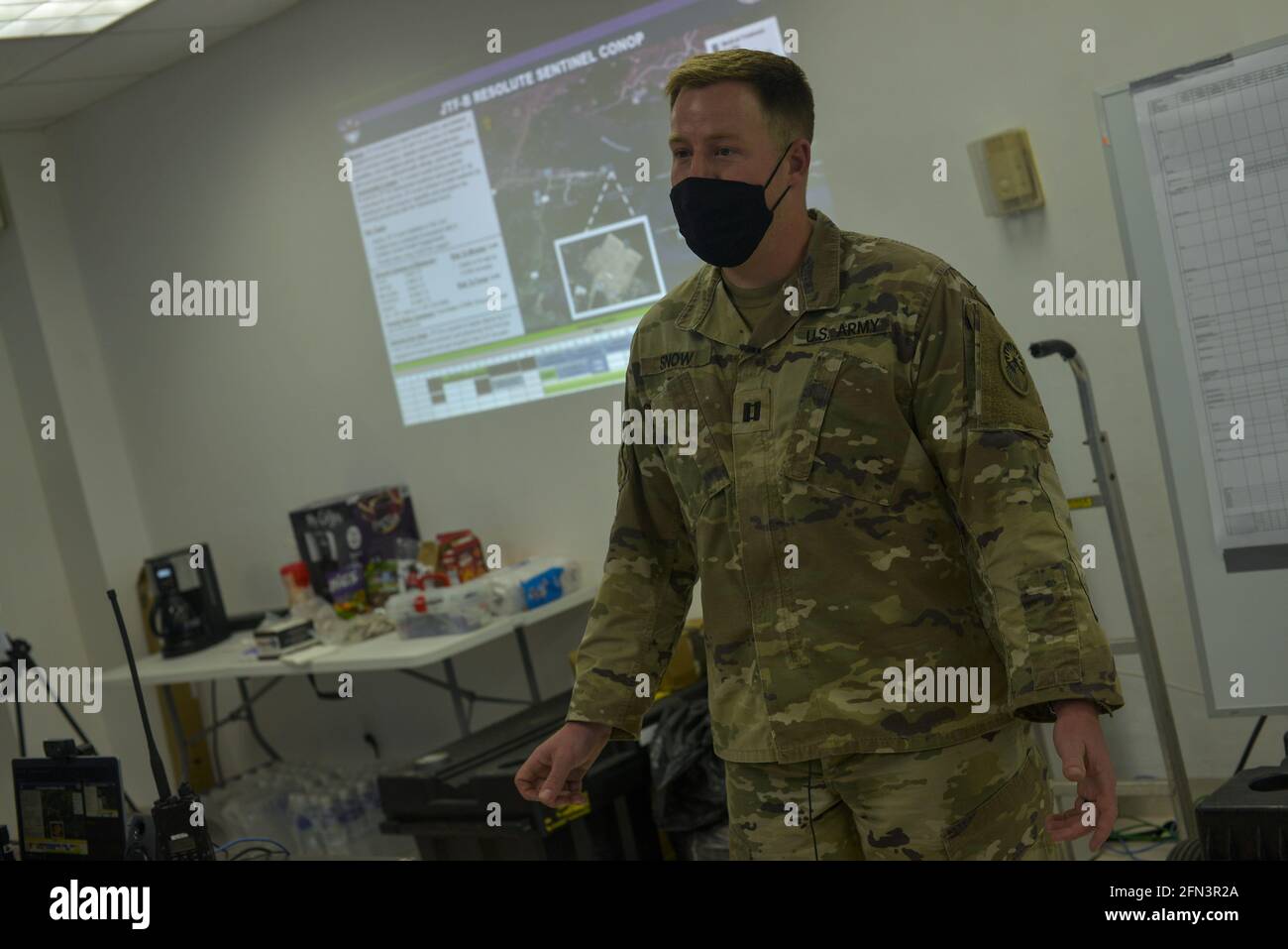 May 12, 2021, La Union, El Salvador: US army Captain Alexander Snow speaks to his team at the joint operations center.The United States Southern Command Joint Task Force-Bravo performed conjoined operations in El Salvador, Guatemala and Honduras where it provided medical aid to local hospitals and communities. In the town of La Union some 60 US military members were deployed to aid a hospital and small islands that lacked medical attention. During hurricane ETA and IOTA Joint Task Force-BRAVO rescued 810 civilians, and delivered 349,500 pounds of aid. (Credit Image: © Camilo Freedman/SOPA Ima Stock Photo