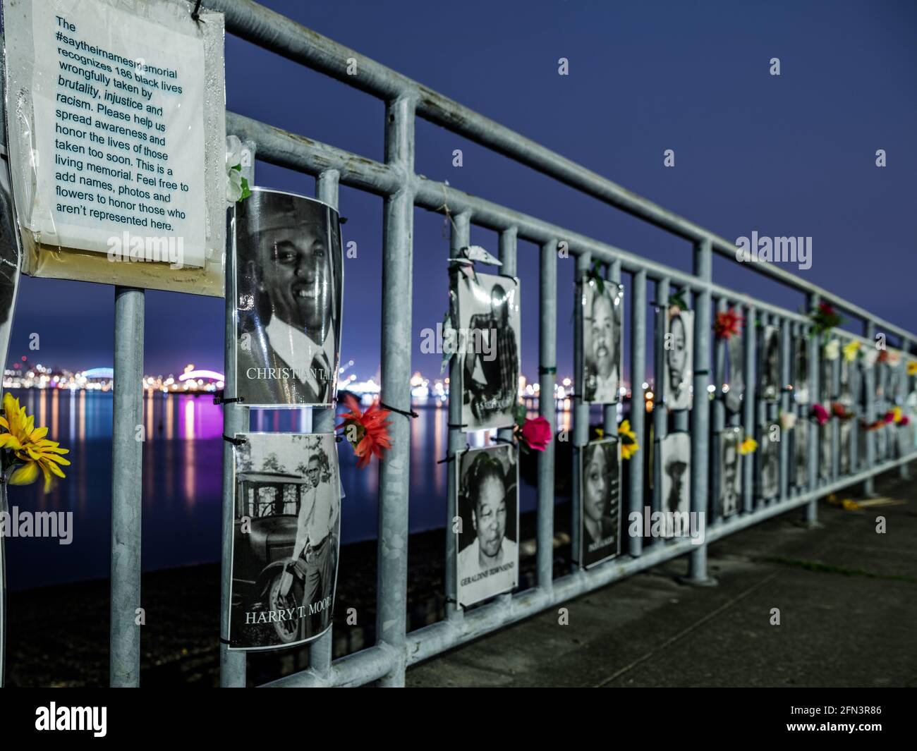 SayTheirNames memorial at the seawalk in Alki Beach, Seattle, raising awareness of racial inequality and police brutality in the US. Stock Photo