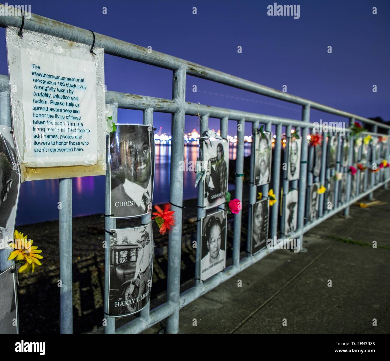 SayTheirNames memorial at the seawalk in Alki Beach, Seattle, raising awareness of racial inequality and police brutality in the US. Stock Photo