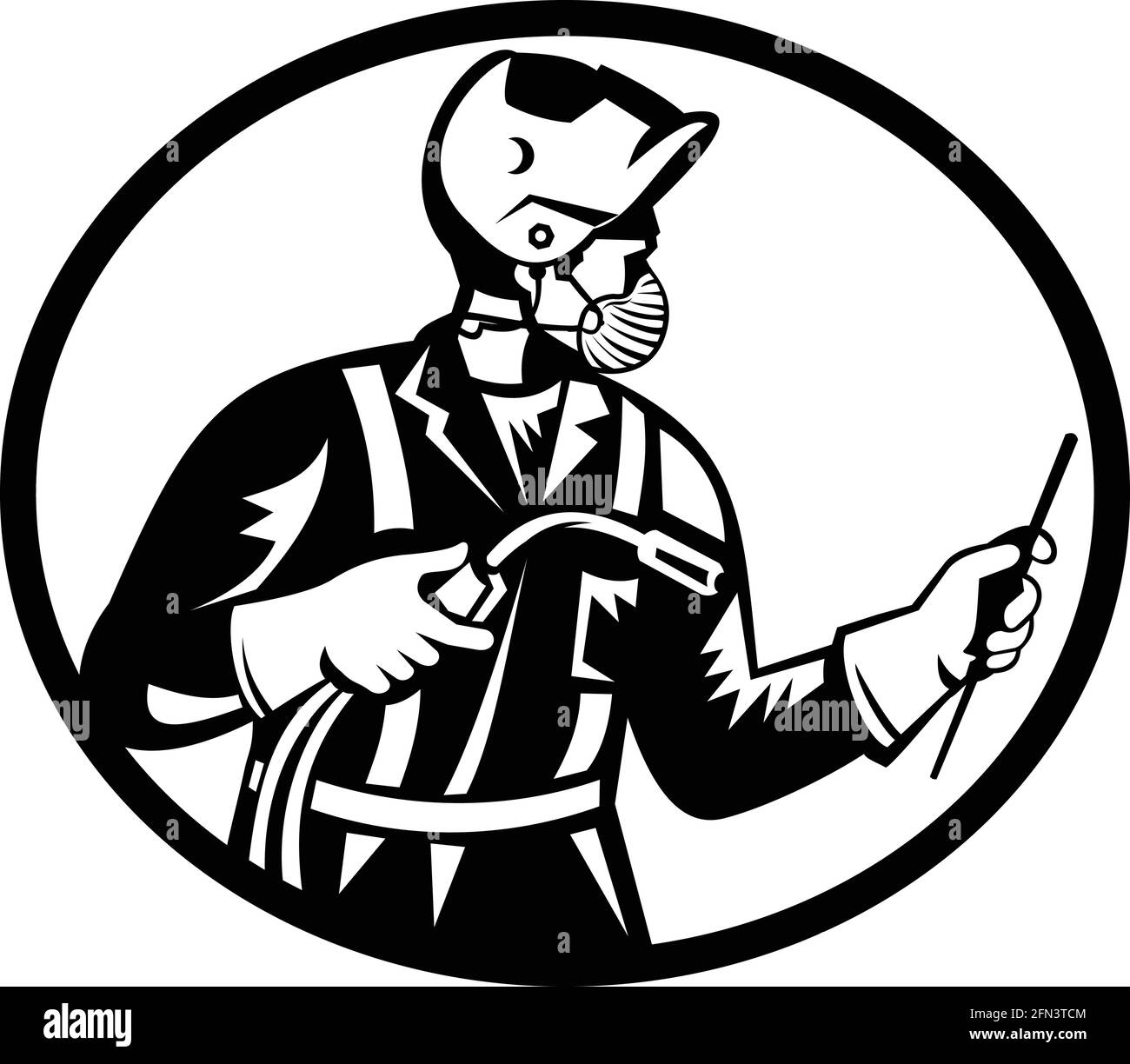 Illustration of welder worker wearing a face mask and holding welding torch viewed from side inside oval done in retro woodcut style. Stock Vector