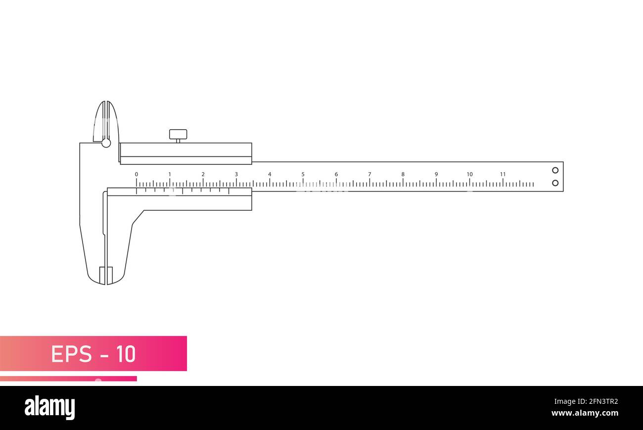 Caliper with numeric scale. Lines design on a white background. Tools for technical specialists. Flat vector illustration. Stock Vector