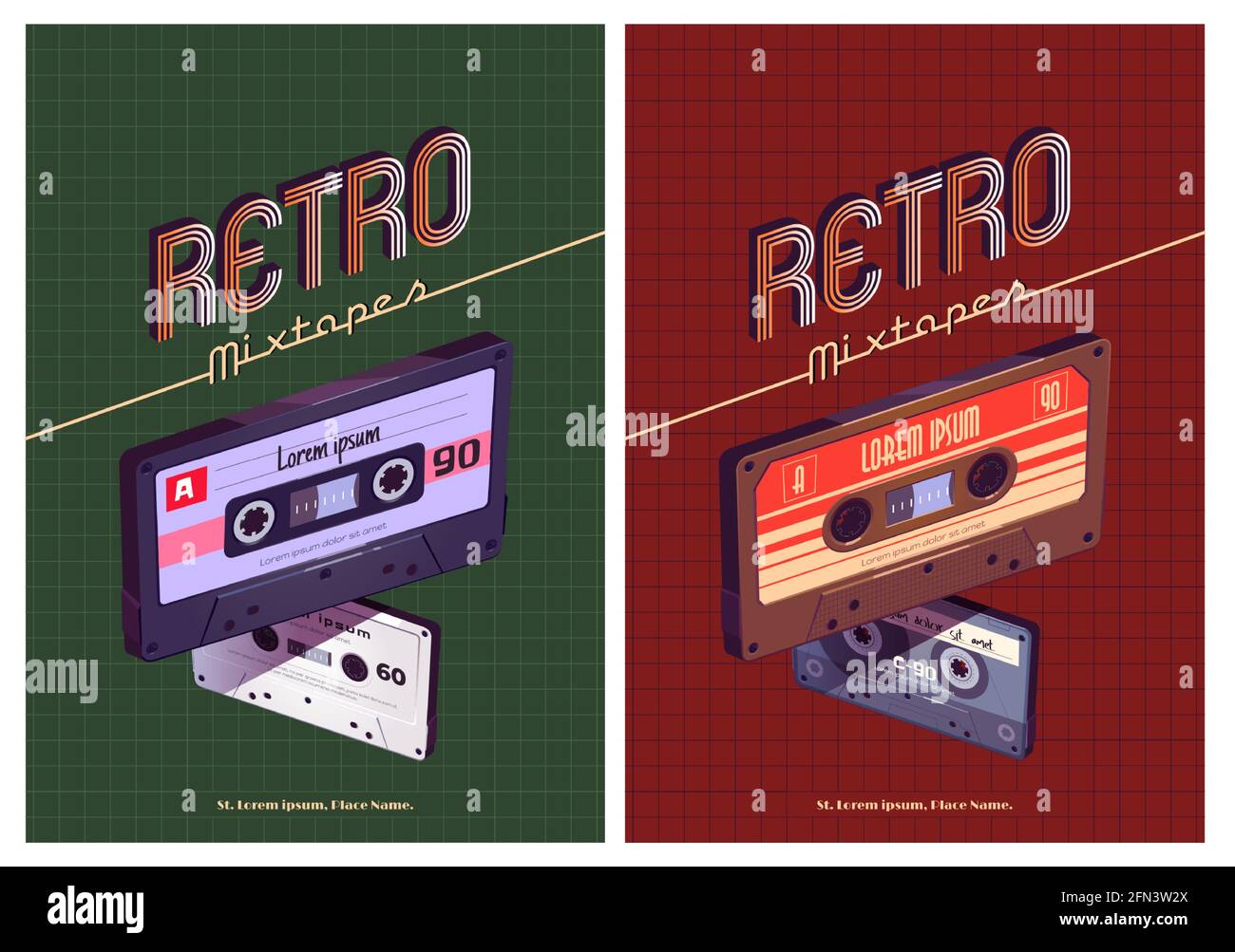 Retro mixtapes cartoon poster with audio mix tapes. Cassettes, media or music store ad in vintage style, analog multimedia devices, Vector illustration Stock Vector