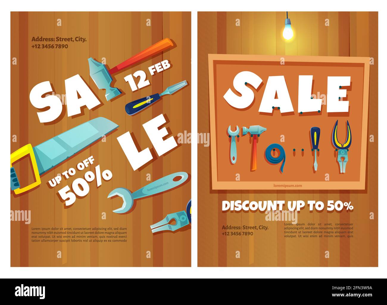 Construction tools sale posters. Hardware shop banners with sale and discount. Vector flyers with cartoon illustration of carpentry work and repair instruments, hammer, saw and spanner on wooden wall Stock Vector