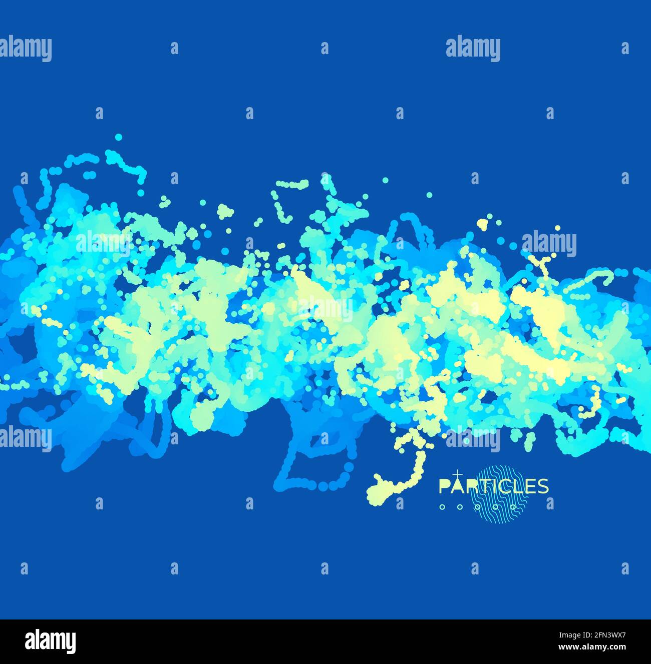 Array with dynamic emitted particles. Water splash imitation. Abstract background. Vector illustration. Stock Vector