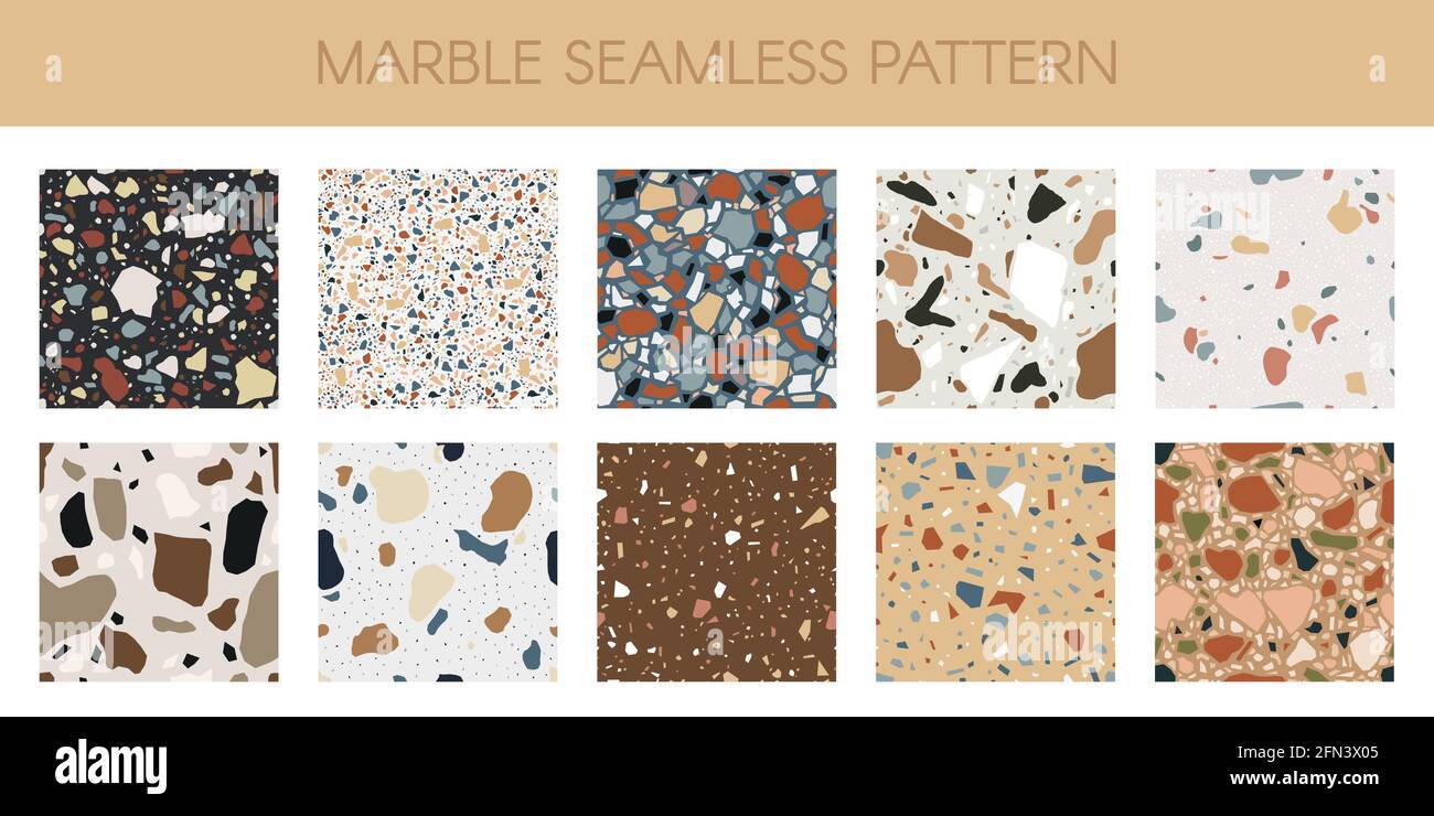Marble texture pattern. Abstract quartz, granite and glass flooring mosaic textures vector illustration set. Classic italian marble chips interior Stock Vector