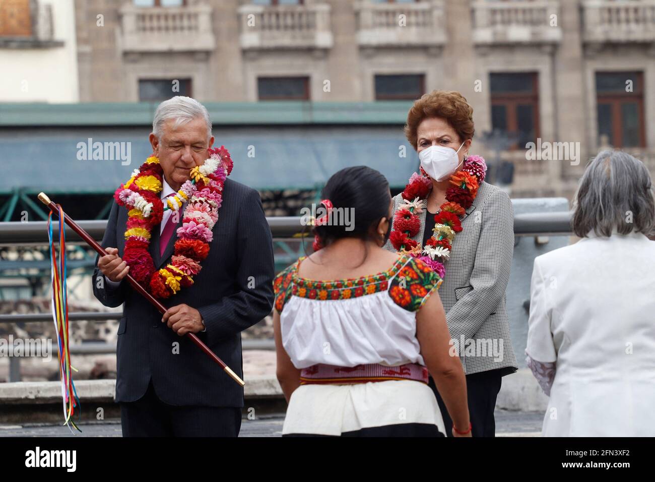 Mexico City, Mexico. 13th May, 2021. Mexico's President, Andres Manuel Lopez Obrador, accompanied by the former president of Brazil, Dilma Rousseff, during the ceremony 'Mexico - Tenochtitlan, more than seven centuries of history' at the Museo del Templo Mayor on May 13, 2021 in Mexico City, Mexico. Photo by Luis Barron/Eyepix/ABACAPRESS.COM Credit: Abaca Press/Alamy Live News Stock Photo