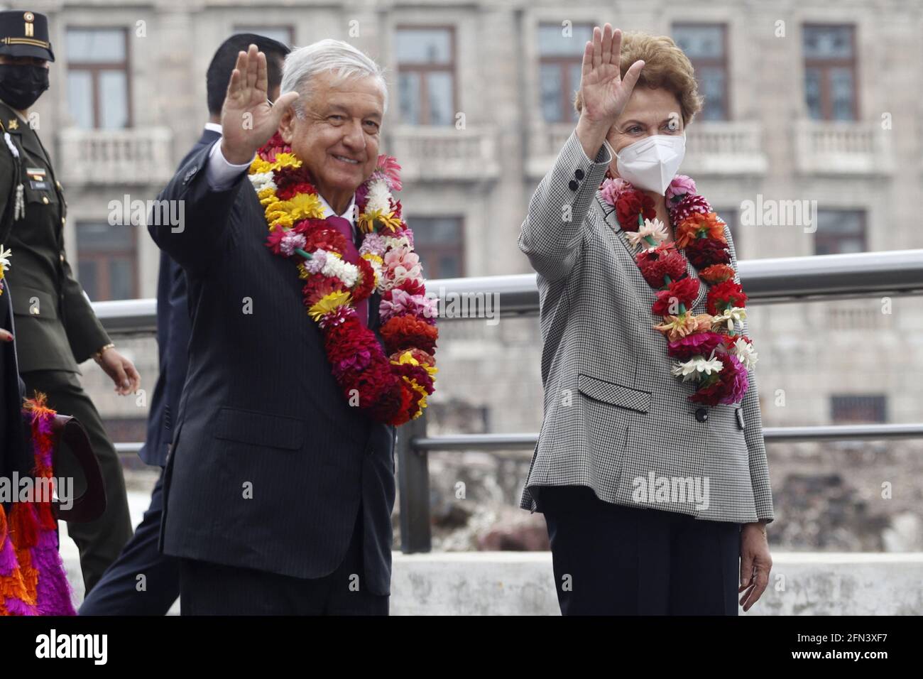Mexico City, Mexico. 13th May, 2021. Mexico's President, Andres Manuel Lopez Obrador, accompanied by the former president of Brazil, Dilma Rousseff, during ceremony for the 700 years of the founding of Tenochtitlan at the Museo del Templo Mayor on May 13, 2021 in Mexico City, Mexico. Photo by Luis Barron/Eyepix/ABACAPRESS.COM Credit: Abaca Press/Alamy Live News Stock Photo