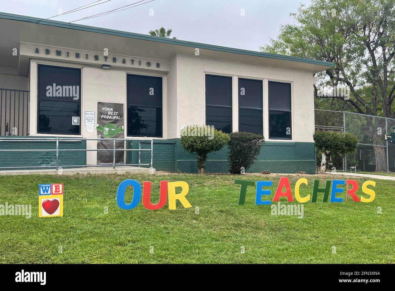 A teacher appreciation sign at Bella Vista Elementary School, Thursday, May 13, 2021, in Monterey Park, Calif. Stock Photo