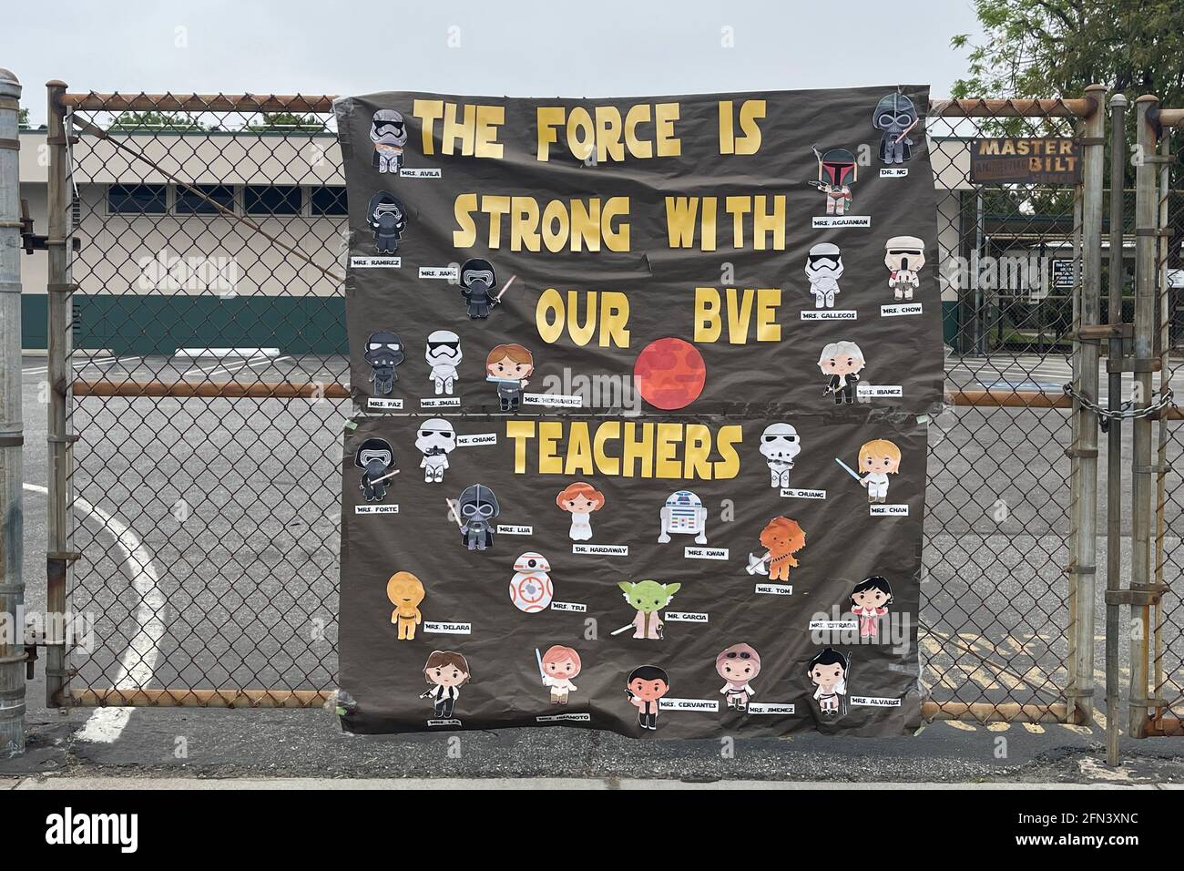 A Star Wars-themed teacher appreciation sign at Bella Vista Elementary School, Thursday, May 13, 2021, in Monterey Park, Calif. Stock Photo
