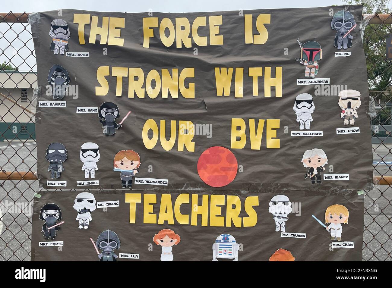 A Star Wars-themed teacher appreciation sign at Bella Vista Elementary School, Thursday, May 13, 2021, in Monterey Park, Calif. Stock Photo