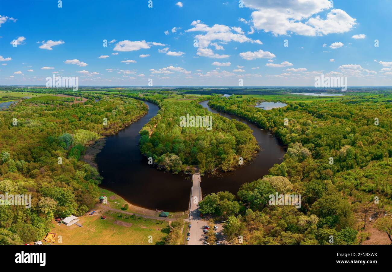 Backwater of Tisza river in Hungary. Amazing aerial panoramic photo about a famous nature area in Near by Kecskemet city next to Toserdo village. Stock Photo
